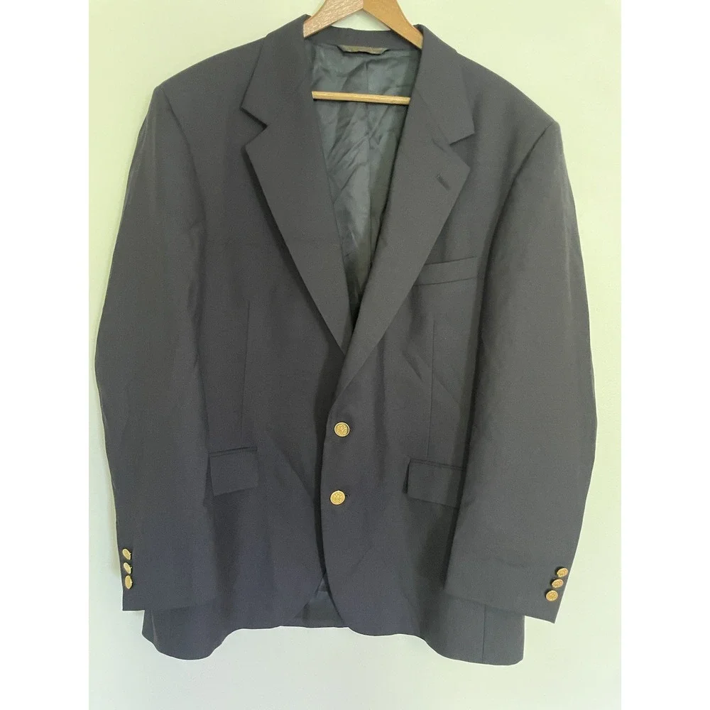VTG Botany 500 Navy Blue Wool Blend Double Breasted Gold Button Blazer 42R